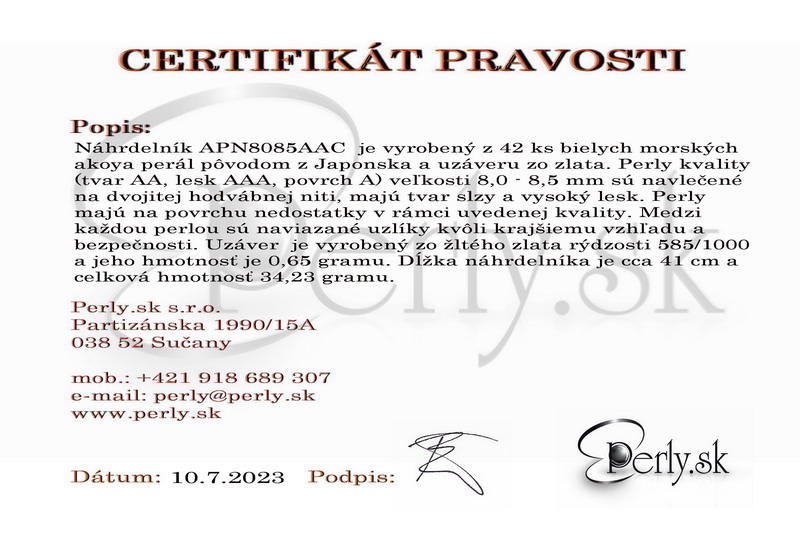 Certifikát pravosti CP001 Certifikát pravosti CP001