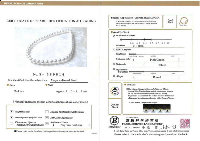 Certifikát Hanadama – japonské akoya perly